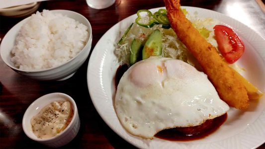 ハンバーグ定食+エビフライ